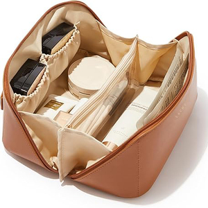 <b>Make</b> <b>up</b> Organizer with Divider and Handle Waterproof <b>Pouch</b> Open Flat Toiletry Bag Makeup Bag PU Leather Travel Portable Bag - Product Image 1