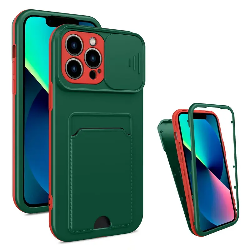 Iphone Shockproof 3 In 1 Pushing Card Holder Phone Cases For IPhone 13/13 Pro/12 Mini/11/Xs Max TPU PC Protective Cover