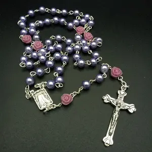 Collier en résine Rose en verre, perle de chapelet à la mode, pendentif Long, foi religieuse Maria jésus croix, bijoux cadeaux pour femmes, 6 couleurs