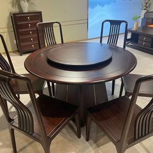 Mesa de comedor redonda de madera de ébano con plato giratorio, juego de comedor de madera maciza de estilo chino moderno para el comedor familiar - Product Image 3
