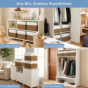 <b>Large</b> 22 Quart Linen Fabric Minimalist Collapsible Foldable Storage <b>Bin</b> Flip-Top Lid Handles 4-Pack Brown White - Product Image 4
