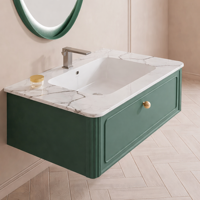 Meuble-lavabo mural moderne pour salle de bain, finition laquée verte, armoire sous-évier minimaliste, tiroir à fermeture douce, miroir intelligent rétroéclairé