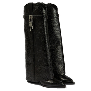Women High Heel Wedge Wide Calf <strong>Boots</strong> Pointy Toe Shark Lock Printed <strong>Trouser</strong> <strong>Boots</strong> for Men - Product Image 6