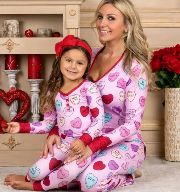 Valentines Day 2024 Mother And Daughter Family Matching Set Cotton Blend Heart Print Pajamas Sets Loungewear Pyjamas Women