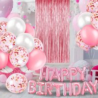 Décoration de fête d'anniversaire rose, ensemble de ballons en feuille, bannière, rideaux à franges or rose, nappe en Mylar brillante, confettis, table à manger