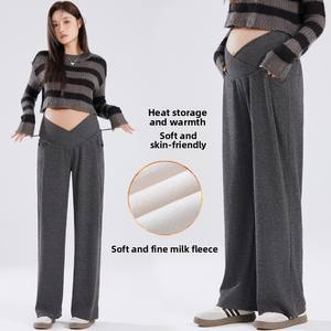 Automne hiver maternité jambe large doublé polaire vêtements d'extérieur décontractés <span class=keywords><strong>pantalon</strong></span> de riz gluant taille croisée Protection cordon chaud - Product Image 2