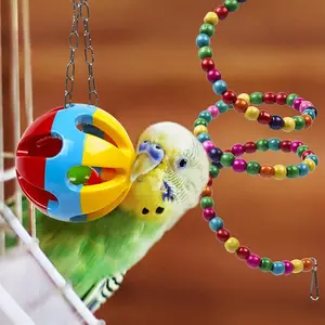 鳥ペットオウムおもちゃオウムのための鳥かごおもちゃ信頼性の高いスイングハンギングチューイングバイトブリッジ木製ビーズボールベルおもちゃ