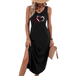 Vestido de Punto sin Mangas con Cuello en V para Mujer, de Longitud Media, con Estampado de Corazones, Cintura Alta, Tipo Falda con Parches, Tallas S, M, L, XL, XXL, Color Caqui, Gris Oscuro - Product Image 5