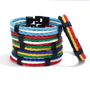 National Flag Woven Leather Bracelets Wristband Charm For Football Sports Fans Customized Metal Clasp Bangle
