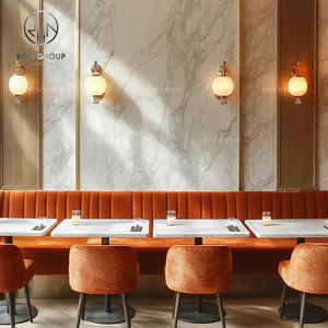 Juego de Muebles Modernos para Cafetería, Restaurante, Sofá de Terciopelo Naranja con Respaldo Acolchado y Mesas Cuadradas con Tapa de Mármol - Product Image 4