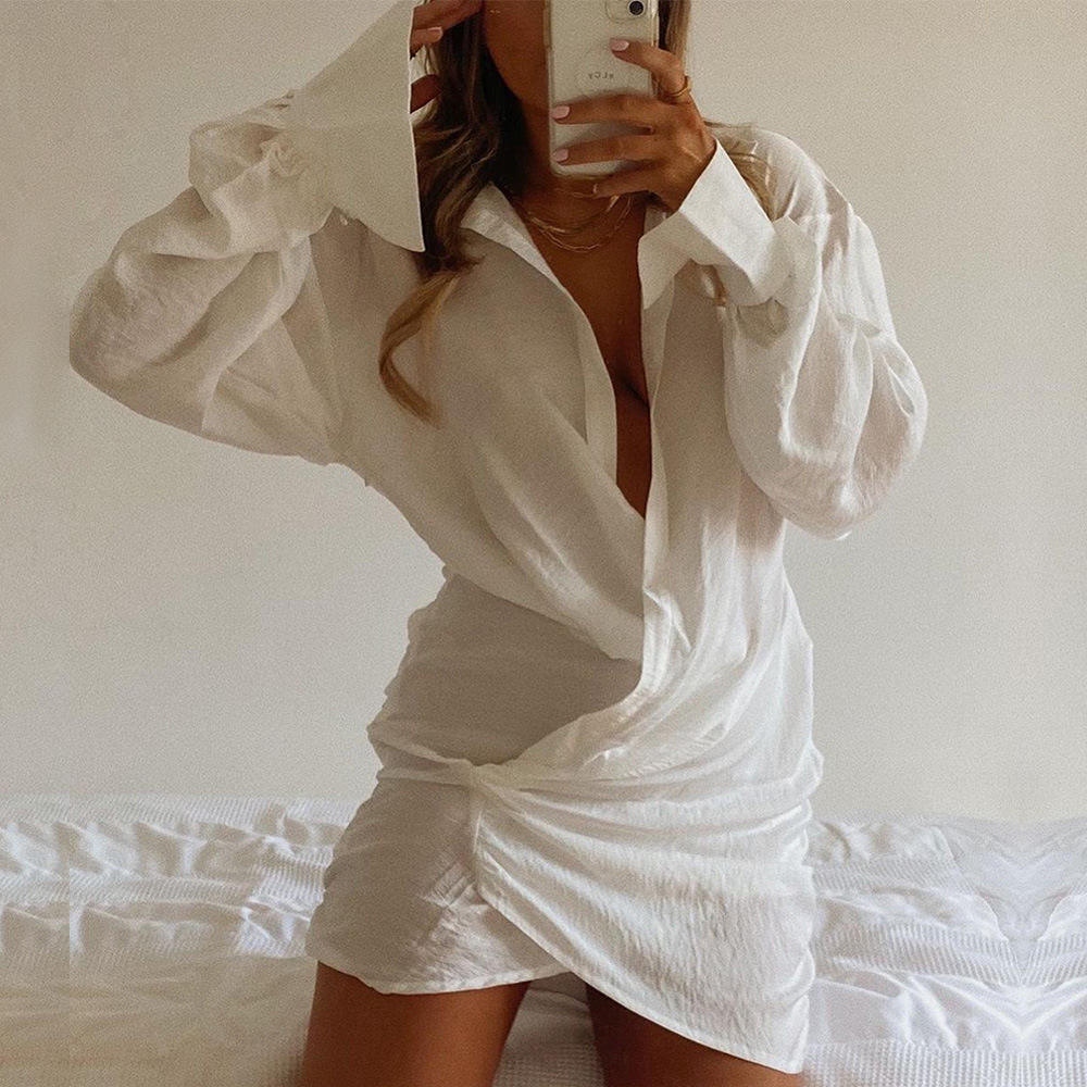 Slit Side Irregular White Drawstring See Through Long Sleeve Sexy