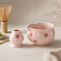 Ensemble bol à matcha en céramique rose et support pour fouet 500 ml avec fouet en bambou, motifs cœur, fleur, patte, logo personnalisé pour cadeau OEM