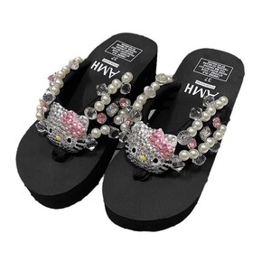 Trendy Cute Kitten Thick-soled <b>Flip</b>-<b>flops</b> with Rhinestones Ladies and Girl Pearls for Summer Beach Sandals - Product Image 5