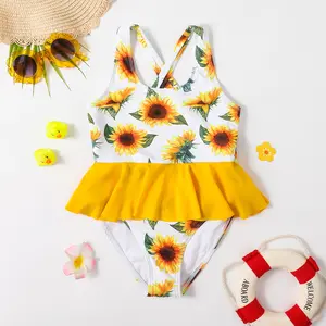 All Over Sunflower Printing 2 - 12 Years Old Crossing Back New Children Girls Floral Swimwear Bikini