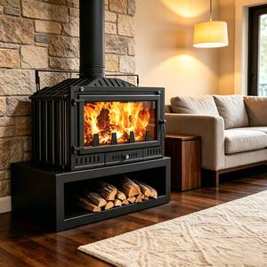Caminetto Moderno Indipendente <span class=keywords><strong>in</strong></span> <span class=keywords><strong>Ghisa</strong></span> <span class=keywords><strong>a</strong></span> <span class=keywords><strong>Legna</strong></span>; Stufa <span class=keywords><strong>a</strong></span> <span class=keywords><strong>Legna</strong></span> da Interno con Mobile Porta <span class=keywords><strong>Legna</strong></span>, Ideale per il Riscaldamento Domestico <span class=keywords><strong>in</strong></span> Ville - Product Image 1