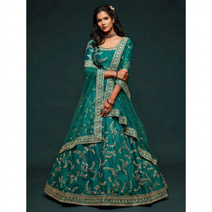 Conjunto de Lehenga Nupcial Bordado en Color Verde Azulado, de Seda y Satén, Corte en A, Largo hasta el Suelo, con Choli, Vestido de Fiesta de Boda para Mujer - Product Image 1