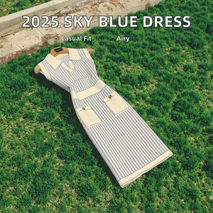 2025 nuovo abito da donna in maglia Casual estivo in stile College <span class=keywords><strong>blu</strong></span> cielo abito <span class=keywords><strong>a</strong></span> <span class=keywords><strong>righe</strong></span> bianche senza maniche <span class=keywords><strong>a</strong></span> matita da donna - Product Image 2