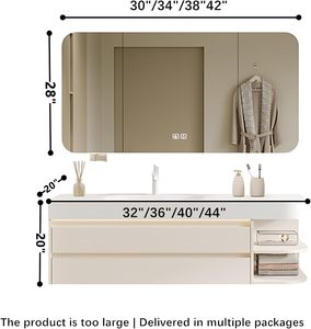 Meuble-lavabo mural blanc crème personnalisé avec double tiroir, étagère ouverte et armoire miroir LED intelligente anti-buée - Product Image 2