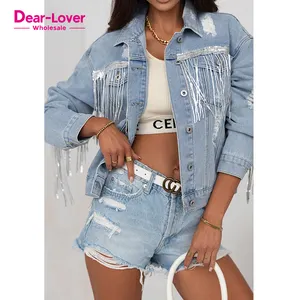 Dear-Lover Fashion Long Sleeve Sky Blue Sequin Embellished Fringe Distressed Denim Jacket Women