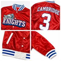Blouson Bomber en Satin Rouge Blanc Bleu Personnalisé TF avec Écusson Brodé en Chenille – Veste Universitaire Streetwear en Satin Brillant Personnalisée