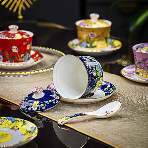 搪瓷陶瓷小汤杯中式植物便携式骨瓷炖锅带盖家庭餐厅酒店 - Product Image 3