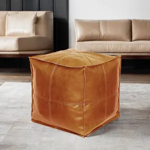 Pouf in pelle arancione marocchina di forma quadrata in pelle ottomana impermeabile cubo Pouf Cover produttore all'ingrosso