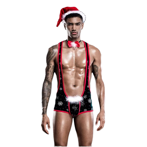 Costume de cosplay érotique de Noël <span class=keywords><strong>sexy</strong></span> trois pièces pour hommes, body taille basse, chapeau de Noël, collier de Noël - Product Image 4