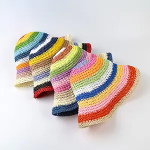 Rainbow Striped Crochet Bucket Hat Breathable Handmade Straw Beach Hat For Women