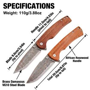Cuchillo táctico plegable de acero de Damasco con mango de madera para acampar - Product Image 2