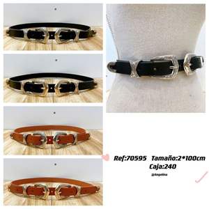 Cinturón de Cuero Genuino de 100 cm con Doble Hebilla, Estilo Occidental, Accesorio de Moda para Mujer - Product Image 1