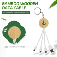 Kabel Data Mini Portabel 3-in-1 USB 3.0 Tipe-C Gantungan Kunci Promosi Berbahan Bambu dengan Selubung TPE Pengisian Cepat 3A Konduktor Tembaga Murni