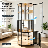 Villa pour chat ronde personnalisée à double porte, grande enclos d'activités intérieure pour chat avec plateforme et roulettes