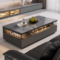 Table basse moderne en MDF gris avec bande lumineuse LED et étagère en verre, grande table de rangement rectangulaire pour salon