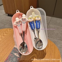 Offre Spéciale – Ensemble de Couverts Portables en Acier Inoxydable 304 : Cuillère, Fourchette et Baguettes Anti-Brûlure et Anti-Chute, Motif Animaux de Dessin Animé de la Ville des Animaux