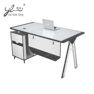 Elegante <span class=keywords><strong>Escritorio</strong></span> de Vidrio <span class=keywords><strong>Blanco</strong></span> con Patas Metálicas en Forma de A, Dos <span class=keywords><strong>Cajones</strong></span> de Almacenamiento y Estante Abierto - Product Image 2