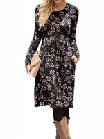 Nouvelle Robe Décontractée Femme Automne Hiver Coupe Droite Imprimé Floral Col Rond Manches Courtes avec Poches Coupe Classique Vente en Gros Fournisseur