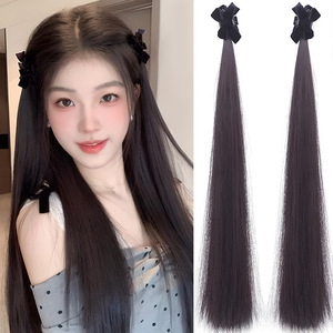 Perruque double queue de cheval avec pince à cheveux nœud, extension de cheveux longs et raides noirs pour <span class=keywords><strong>coiffure</strong></span> princesse mi-attachée - Product Image 1
