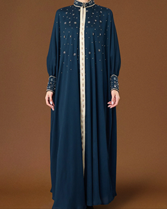 LEDUO Luxury Party <b>Eid</b> Formal Wear Dark Blue High Neck Hand Beaded Embroidery Abaya - Product Image 2