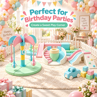 Ensemble de jeux doux Pastel Macaron avec balançoire électrique en forme de palmier et carrousel, piscine à balles pour centre d'activités pour enfants