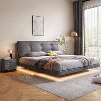 Cadre de lit suspendu Cloud, luxueux, moderne, minimaliste, haut de gamme, élégant, multifonctionnel, revêtement en cuir de vachette, couleur crème, lit solide