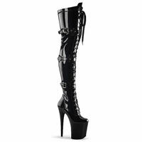 Chaussures pour femmes, bottes à talons hauts de 20 cm, plateforme, genou, noir, boucle, bande étroite, chaussures en PU pour femmes, 8 pouces, blanc, club de strip-tease, nouveau gothique