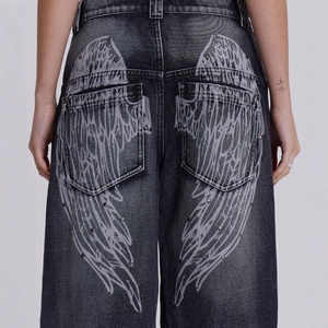 Señoras Casual Old Gradient Wing Print American Retro Loose Wide Leg Denim Desgastado Lavado Cintura media Temporada de verano Logotipo frontal - Product Image 3