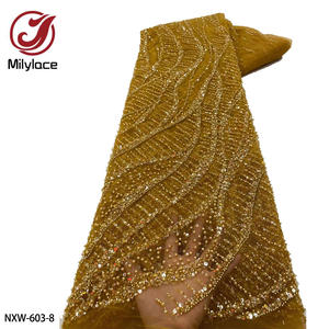 جميل الزفاف الذهب الترتر تول صافي الدانتيل النسيج الفاخرة التطريز الثقيلة مطرز الدانتيل النسيج لفستان الحزب - Product Image 1