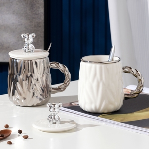 Modern Silver Office Tea <b>Cup</b> Nordic Mugs <b>Ceramic</b> Coffee <b>Cup</b> <b>Ceramics</b> Mugs With Spoon and Cute Violent Bear Lid - Product Image 1