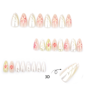 Ongles à presser personnalisables en gros, style français, forme amande moyenne, en ABS, avec motif <span class=keywords><strong>perle</strong></span>, fleur 3D, lune et dégradé de couleurs - Product Image 4