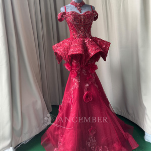 Robe de soirée de luxe rouge Mc034 avec corset en dentelle perlée, appliques florales, péplum et surjupe, col choker, pour bal de promo et fêtes Jancember - Product Image 4