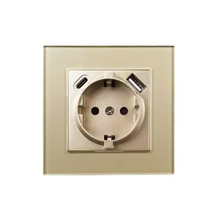 EU Power Socket , Euro Socket With Usb Charging Port and Type c 2.1A 16A Gold Glass Panel 86mm*86mm Russia Spain Wall Socket