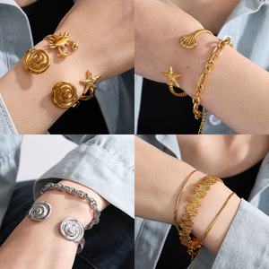 Ocean Series <b>Bracelet</b> Titanium Steel Starfish <b>Bangle</b> Leaf Open Design Unisex Jewelry - Product Image 4