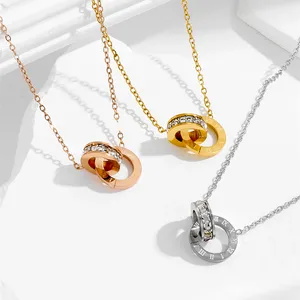 Set di Orecchini e Collana MW Fashion in Acciaio Inossidabile 316L con Zirconi, Orecchini Doppi Romani e Collana Placcati Oro 18k, Gioielli Antiossidanti - Product Image 2