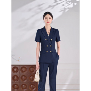 Women's Summer Short Sleeve Double Breasted Blazer And Trousers Set Formal Anti Wrinkle Commute Wear - Product Image 1
